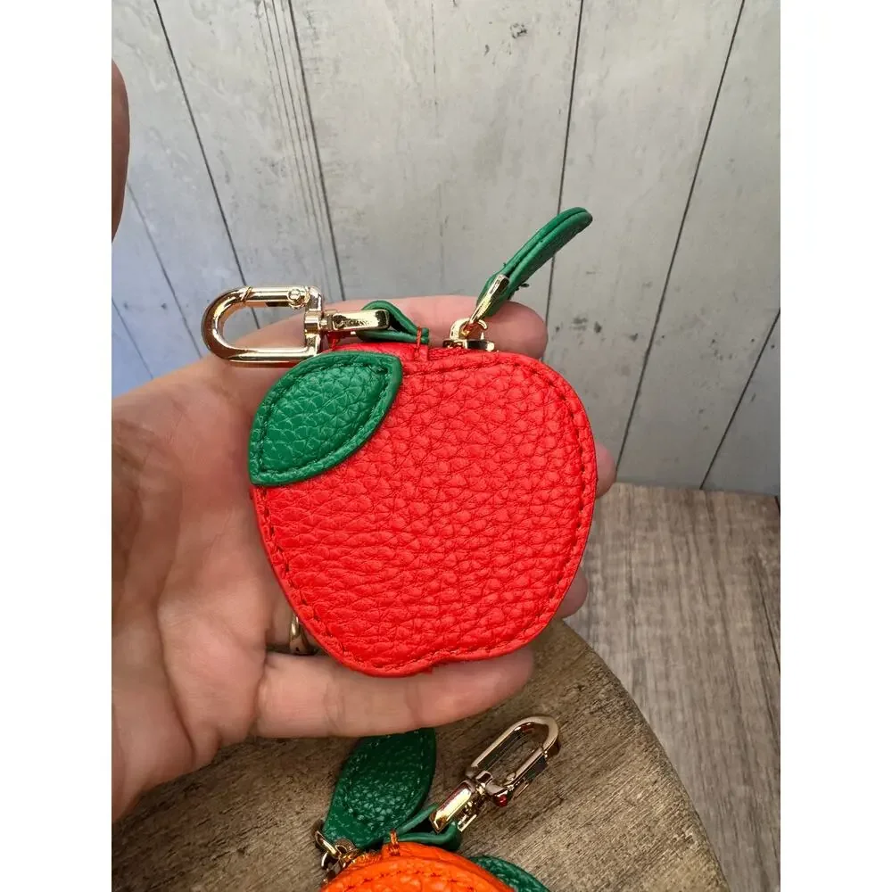 Set of 2 Apple Orange Pouch Purse Charms Fruit Keychains NeW FAST SHIP